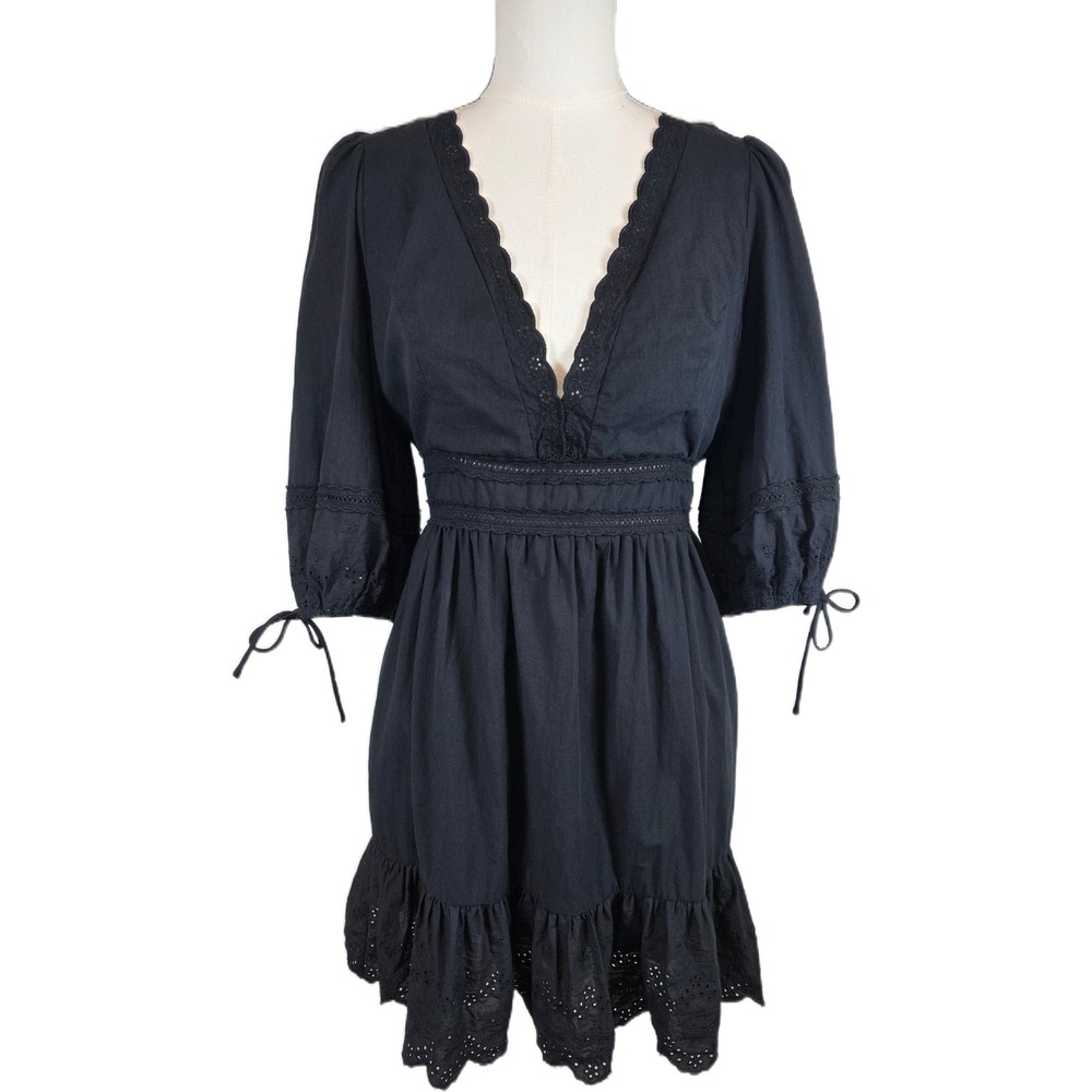 Petal + Pup Black Eyelet Lace V-Neck Puff Sleeve Ruffle Mini Dress